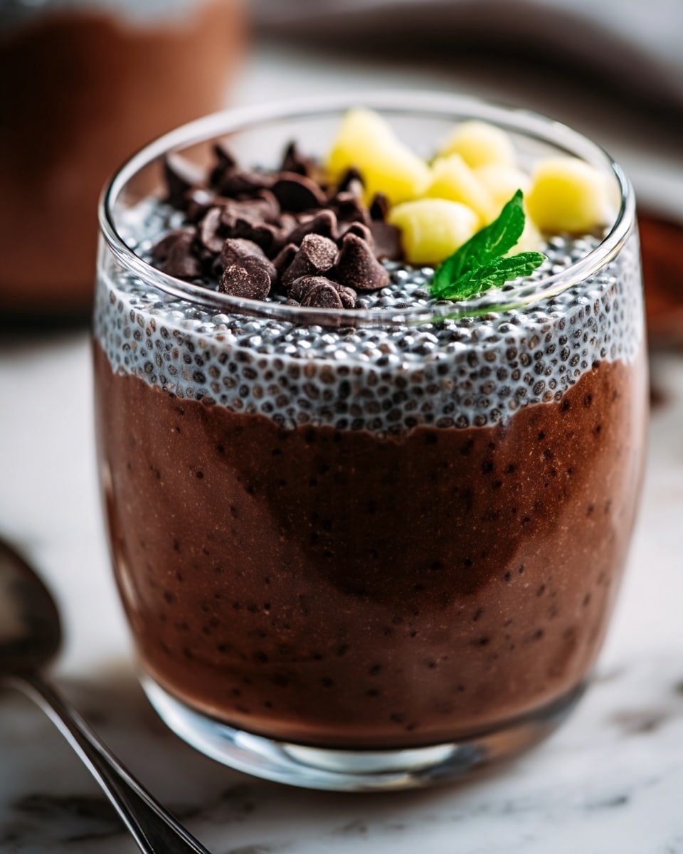 A clear glass cup filled with two layers of thick, dark brown chocolate chia pudding with visible chia seeds. On top, there is a layer of small silver and white round sprinkles, dark chocolate chips, a few small pale yellow fruit pieces, and a small green leaf positioned near the edge. The cup is set on a white marbled surface, with a silver spoon blurred in the background. photo taken with an iphone --ar 4:5 --v 7