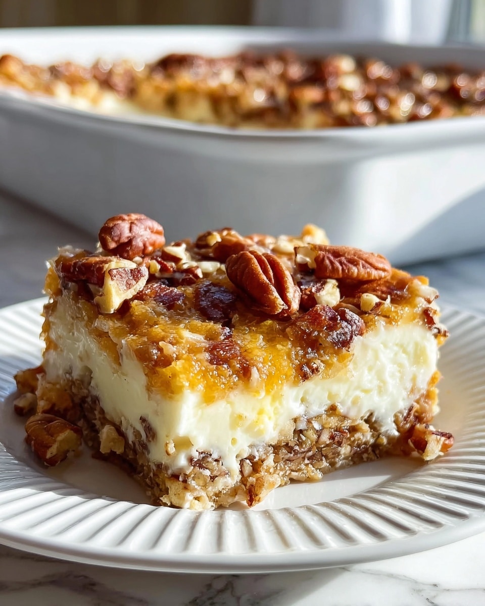 A close-up of a square piece of dessert on a white plate with ridged edges, sitting on a white marbled surface. The dessert has three visible layers: a bottom layer that looks crumbly and packed with chopped nuts, a middle creamy white layer that is smooth and thick, and a top layer that is golden brown and topped with whole pecans that add a chunky texture. Some pecan pieces are also embedded throughout the top and sides. In the blurred background, there is a white baking dish holding the rest of the dessert. Warm light shines on the piece, making the glossy textures stand out. Photo taken with an iphone --ar 4:5 --v 7