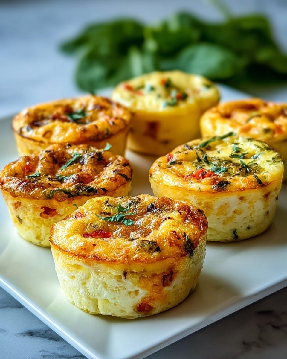 The image shows six small egg muffins arranged on a white square plate, placed on a white marbled texture. Each egg muffin has two layers: the bottom layer is light yellow with a soft, slightly porous texture, while the top layer is golden brown with a slightly crispy surface, dotted with pieces of green herbs and small bits of red and orange vegetables. The muffins are round and thick, with some herbs visibly baked into the top, giving a fresh and savory look. In the background, there is a blurred cluster of green spinach leaves. Photo taken with an iphone --ar 4:5 --v 7