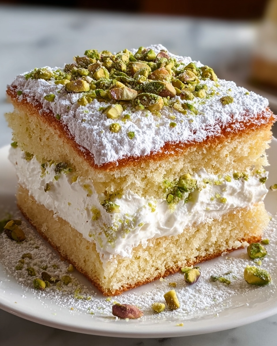 A close-up image of a square piece of cake on a white plate, showing three layers: the bottom and top layers are light golden sponge cake with a soft, crumbly texture, the middle layer is thick white cream with small crunchy bits inside, and the top layer is dusted with white powdered sugar and sprinkled with chopped green pistachios. The cake looks moist and fluffy, with some powdered sugar scattered around the plate on a white marbled surface. Photo taken with an iphone --ar 4:5 --v 7