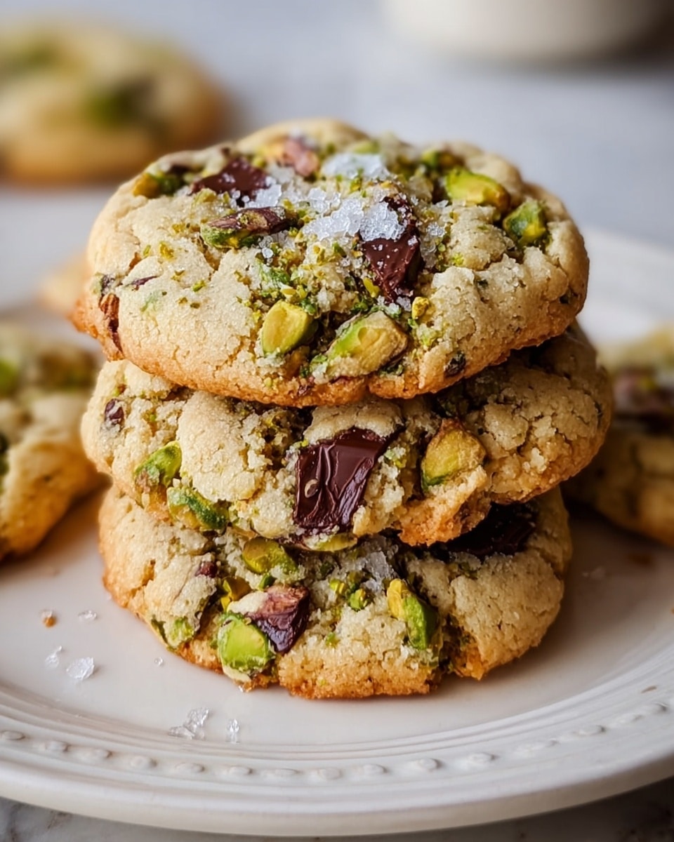 The image shows a close-up of four cookies stacked on a white plate with a slightly raised, decorative edge. Each cookie has a cracked golden-brown surface studded with large pieces of green pistachios and dark chocolate chunks, giving a rough and chunky texture. The top cookie is sprinkled with what looks like flaky sea salt, adding a slight sparkle. The cookies appear soft with a light crust around the edges. The plate sits on a white marbled texture surface softly blurred in the background. photo taken with an iphone --ar 4:5 --v 7