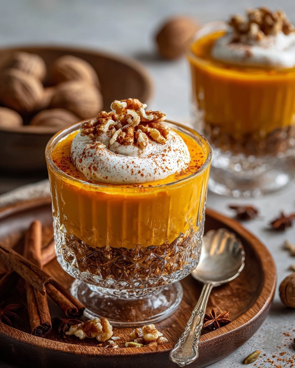 The image shows a dessert served in a clear textured glass cup set on a white marbled texture. The dessert has two visible layers: the bottom layer is brown and crumbly like crushed nuts or crumbs, while the top layer is a smooth, bright orange puree, likely pumpkin or carrot. On top of the orange layer is a dollop of white whipped cream sprinkled lightly with brown spice powder, and topped with small walnut pieces. The glass sits on a round brown wooden tray with cinnamon sticks and cardamom scattered nearby, along with a silver spoon resting on the tray next to the glass. The background is softly blurred with a bowl of whole walnuts and another glass dessert in the distance. photo taken with an iphone --ar 4:5 --v 7