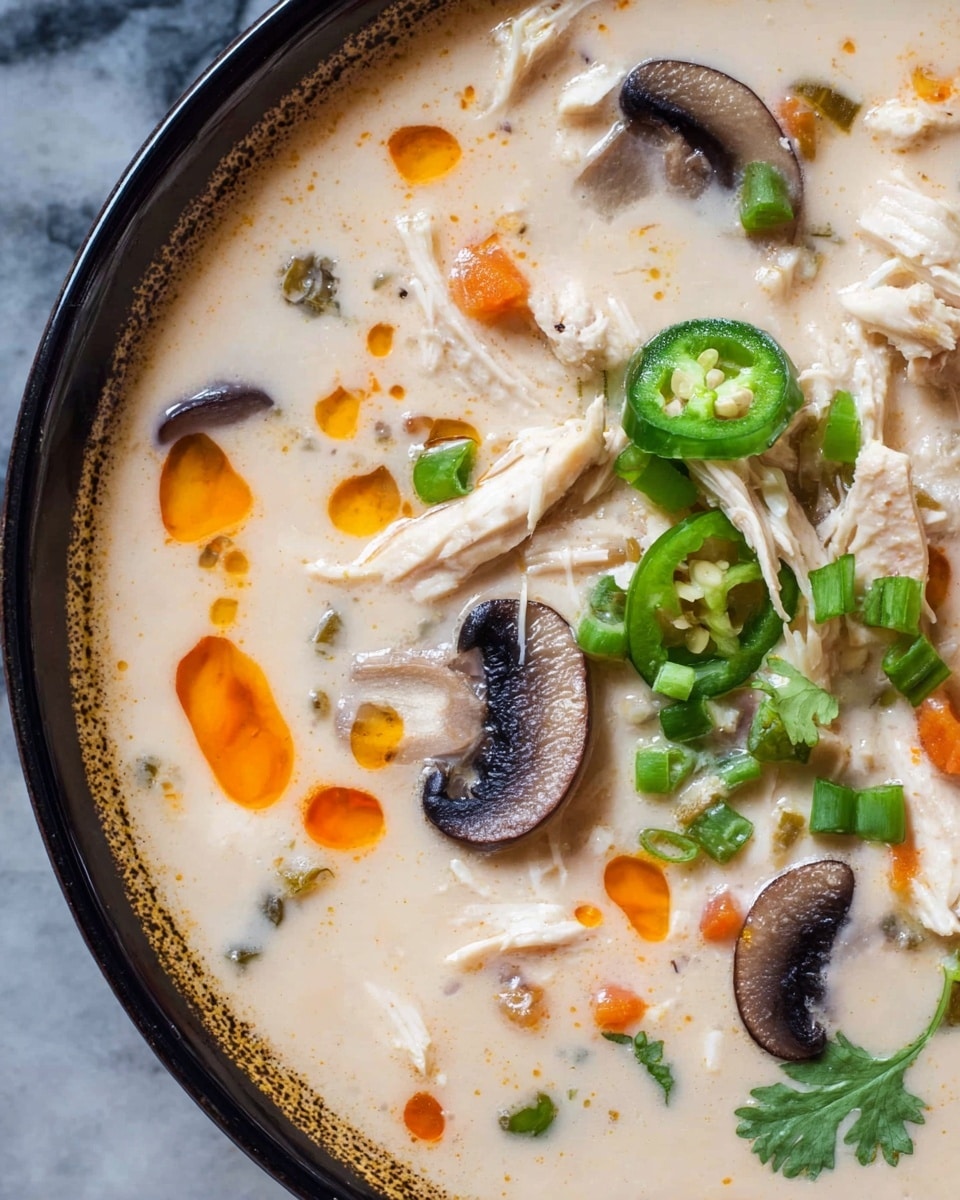 A close-up view of a black-edged bowl filled with creamy white soup that has a smooth, slightly thick texture. The soup contains multiple layers including light beige shredded chicken placed evenly across the surface, sliced dark brown mushrooms with their caps visible, small diced orange carrot pieces, and green jalapeño slices scattered around. Bright orange oil droplets float on top, adding a glossy contrast to the creamy base. Fresh green chopped scallions and a sprig of cilantro are placed on one side near the edge of the bowl. The bowl is set on a white marbled surface, highlighting the colors in the soup. Photo taken with an iphone --ar 4:5 --v 7