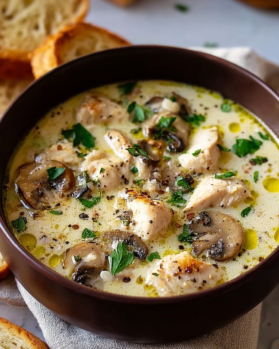 The image shows a bowl of creamy chicken mushroom soup with a creamy light beige broth as the base, filled with tender pieces of white chicken and browned sliced mushrooms floating evenly throughout. Small green parsley leaves are sprinkled on top, adding bright spots of color along with a light drizzle of oil and black pepper specks dotting the surface. The soup is served in a dark brown bowl placed on a white marbled surface with some bread visible in the background. photo taken with an iphone --ar 4:5 --v 7