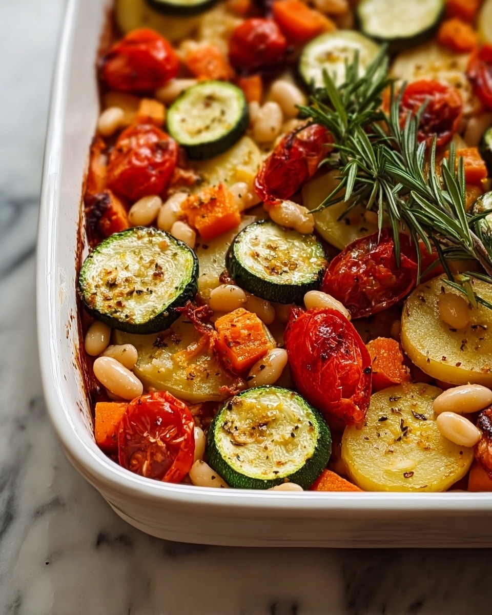 A close-up image of a white baking dish filled with a colorful mix of roasted vegetables and white beans. The bottom layer shows golden-brown sliced potatoes with a slightly crispy edge. Scattered above are halved cherry tomatoes in bright red, sliced zucchini discs with green skin and pale centers sprinkled with spices, and chunks of roasted orange carrot pieces. White beans are mixed evenly throughout the dish. A fresh sprig of green rosemary and oregano leaves lay on top, adding a touch of freshness. The dish rests on a white marbled surface. Photo taken with an iphone --ar 4:5 --v 7