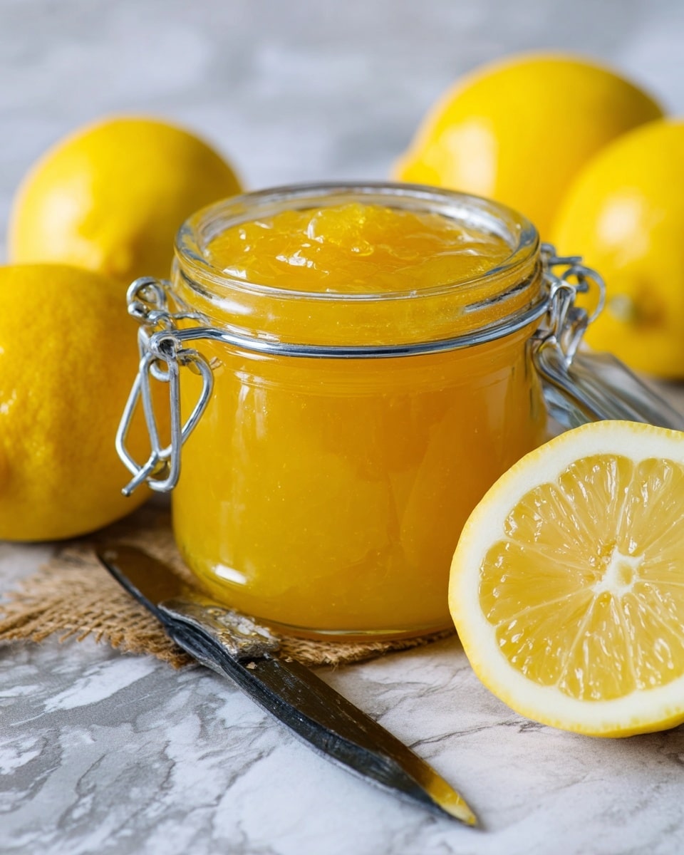 A glass jar with metal clips is filled with bright yellow lemon jam, showing a glossy, slightly chunky texture on the top layer. Around the jar, there are whole and halved fresh lemons, their yellow skin bright and smooth, with the cut lemon showing shiny, juicy pulp. The jar and lemons sit on a white marbled surface. A knife with a black handle is placed nearby, adding a sense of preparation. Photo taken with an iphone --ar 4:5 --v 7
