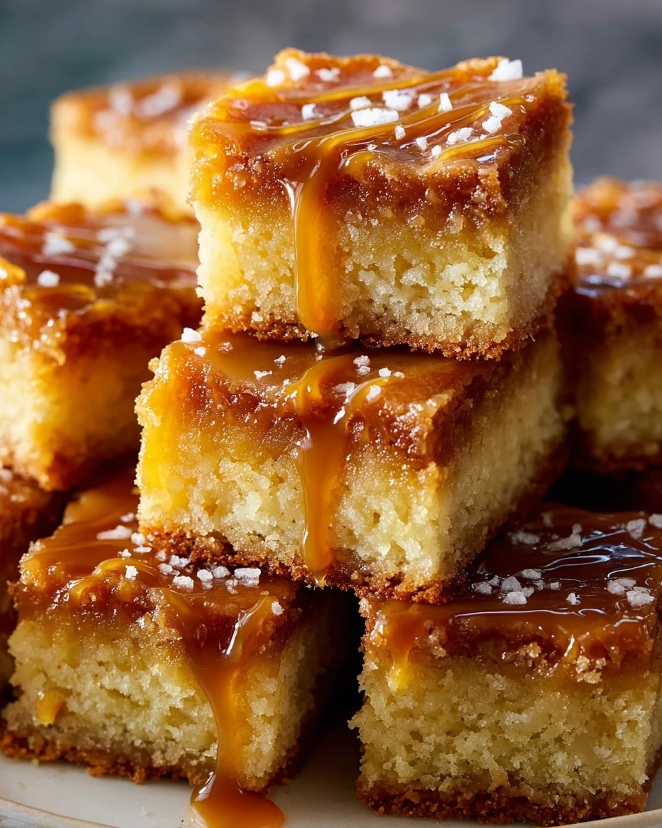 A close-up of stacked caramel blondies showing three visible layers: the bottom layer is a golden brown crust with a slightly crisp texture, the middle layer is a soft, pale yellow cake that looks moist and fluffy, and the top layer is a sticky, shiny caramel glaze with drizzle of caramel sauce dripping down the sides. The caramel has a rich amber color and looks smooth with some caramelized spots. Small white flakes of sea salt sprinkle across the top, enhancing the shine and texture. The blondies are arranged on a white plate resting on a white marbled texture. photo taken with an iphone --ar 4:5 --v 7