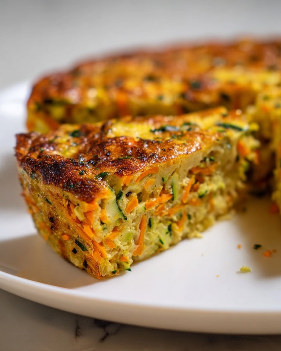 The image shows a close-up of a thick slice of vegetable frittata on a white plate with a white marbled texture surface in the background. The frittata has one visible layer with a golden-brown, slightly crispy top that looks roasted and textured with small spots of green herbs. Inside, the soft, moist middle layer is densely packed with orange shredded carrots, small green zucchini pieces, and flecks of black pepper and herbs distributed throughout. The edges of the slice are slightly browned, giving it a well-cooked appearance. The photo is taken from a slight side angle, highlighting the thickness and the mix of vegetables within the frittata. Photo taken with an iphone --ar 4:5 --v 7