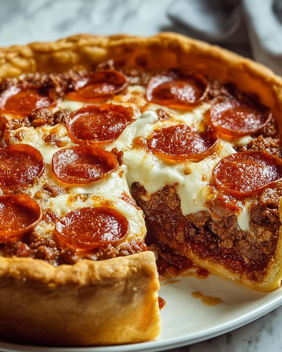 A close-up view of a deep-dish pizza on a white plate shows three thick layers: the bottom layer is a light golden, firm crust, the middle layer is a dark brown cooked ground beef sauce with some red tomato sauce visible, and the top layer is melted, creamy white cheese topped with round, reddish-brown pepperoni slices evenly spread. The crust edges are puffed and golden brown with a textured, flaky look. The background features a white marbled texture, and the photo captures a slice being pulled out, showing gooey cheese stretching slightly. Photo taken with an iphone --ar 4:5 --v 7