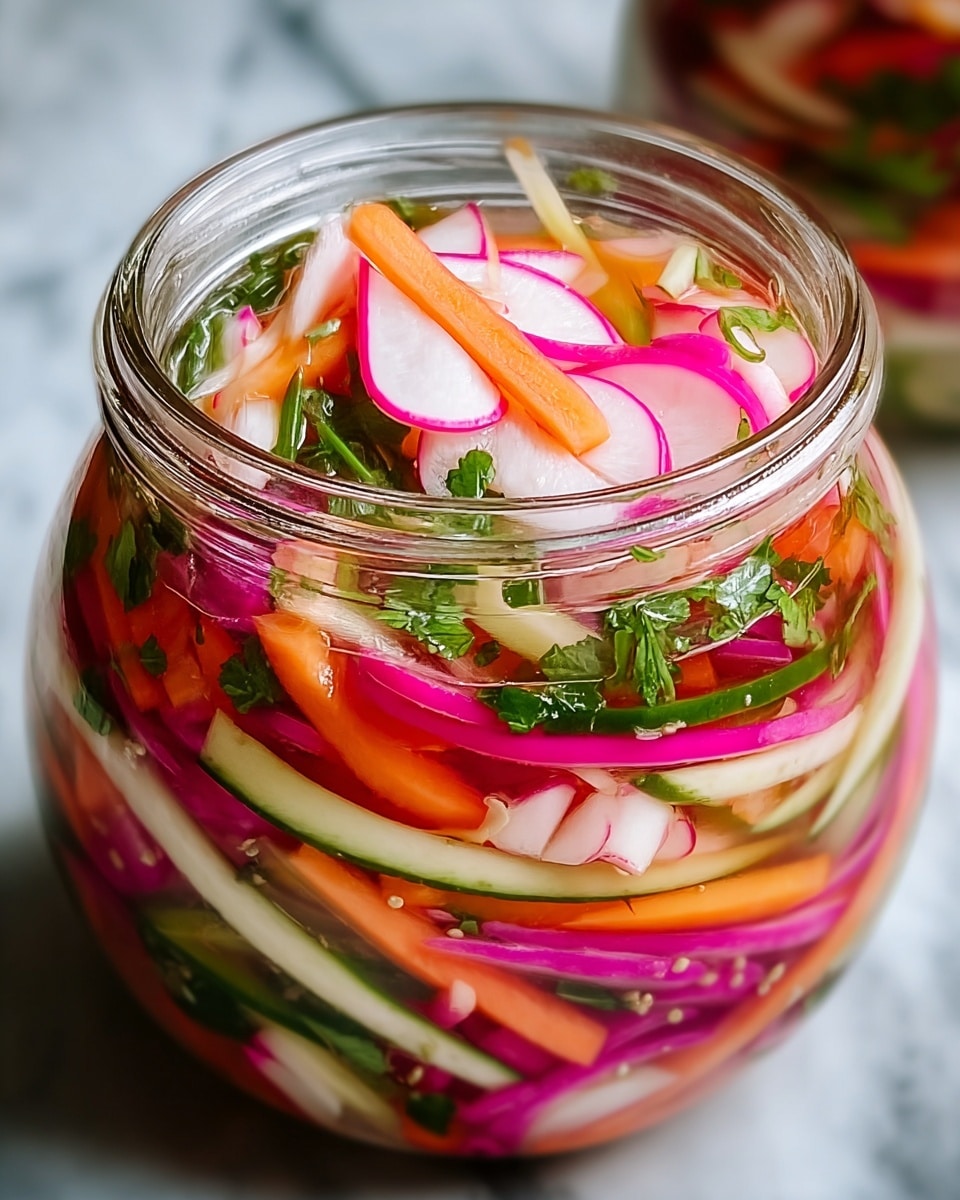 A close-up image of a glass jar filled with colorful pickled vegetables placed inside a white bowl. The jar contains thinly sliced layers of vegetables including bright pink radish slices with white centers, long orange carrot sticks, green cucumber strips, white and pink radish sticks, and some fresh green herbs, all mixed in clear pickling liquid. The vegetables are densely packed, showing a mix of rough and smooth textures. The background is blurred with a white marbled texture surface beneath the bowl. Photo taken with an iphone --ar 4:5 --v 7