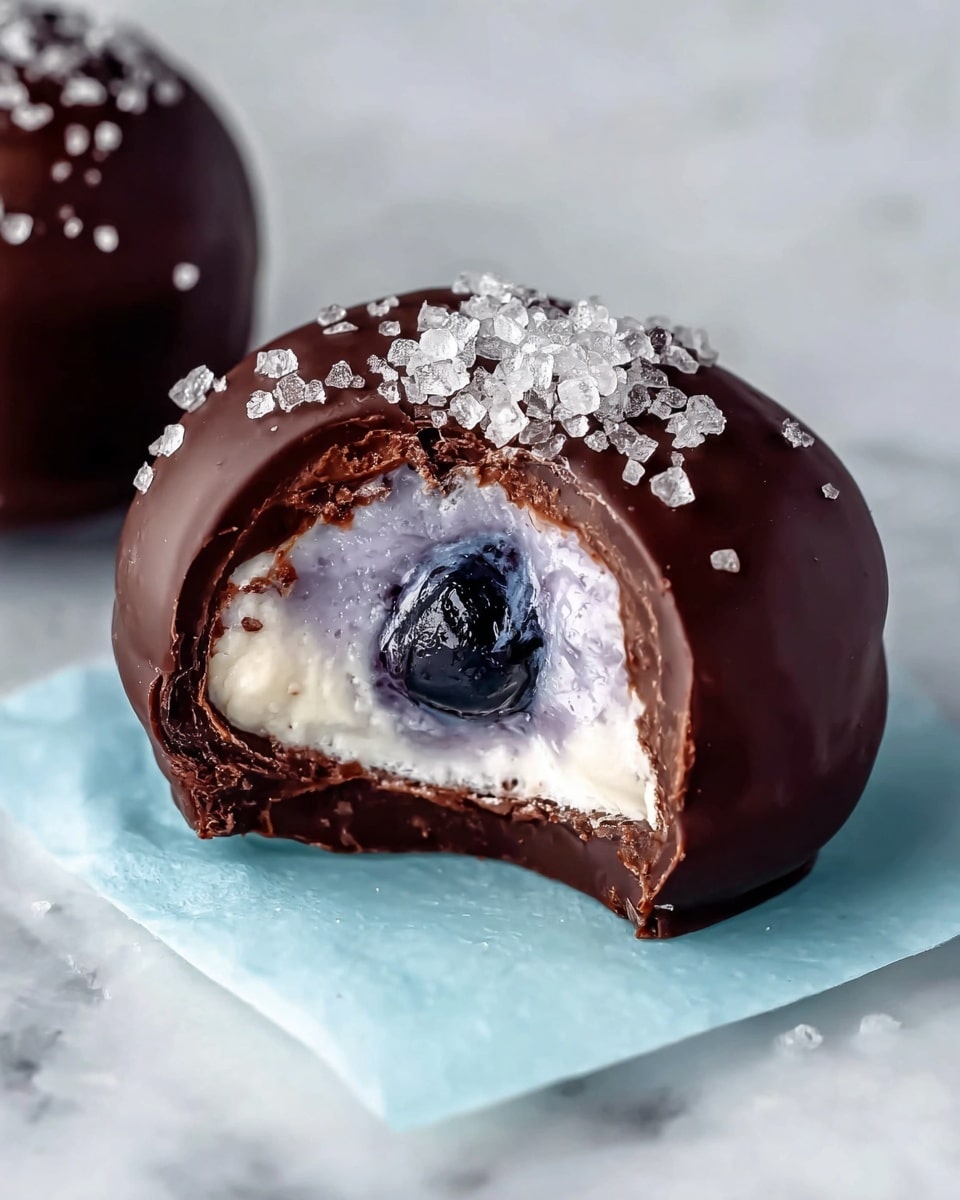 A round chocolate-covered treat with a glossy dark brown outer shell sits on a small square of light blue paper on a white marbled surface. The chocolate shell is smooth but has a slightly lumpy texture, and it is topped with coarse, sparkling salt crystals. The treat has a bite taken out of it, revealing a creamy white and light purple filling inside, with a single whole blueberry embedded in the center. The contrast between the dark chocolate shell and the soft, creamy inside with the blueberry is clear and inviting. Photo taken with an iphone --ar 4:5 --v 7