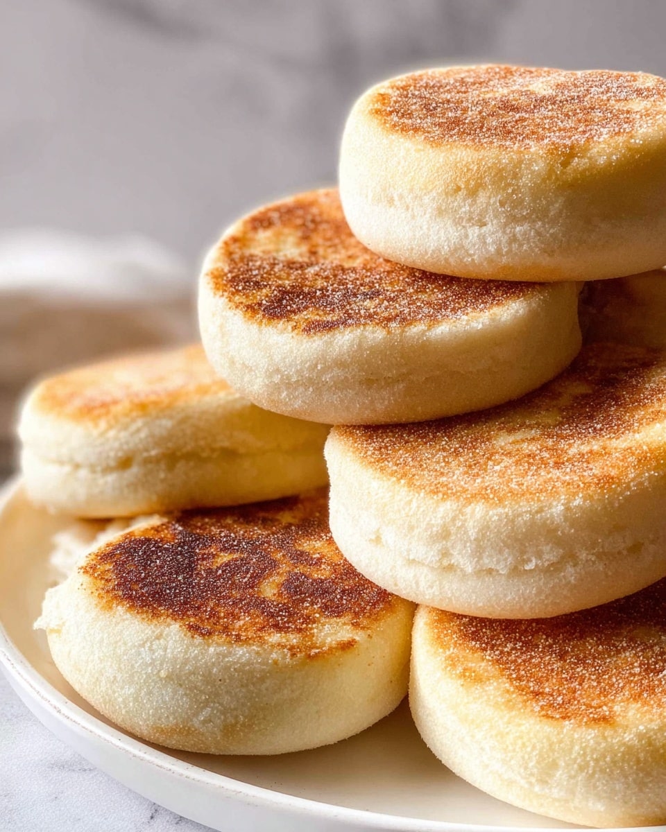 Five English muffins are stacked on a white plate placed on a white marbled surface. Each muffin has a golden brown toasted top with a rough texture and small dots of yellow cornmeal sprinkled evenly over it. The sides of the muffins are soft, pale beige with visible slight folds and a fluffy texture. The muffins are round and thick, arranged in a cluster with some overlapping. photo taken with an iphone --ar 4:5 --v 7