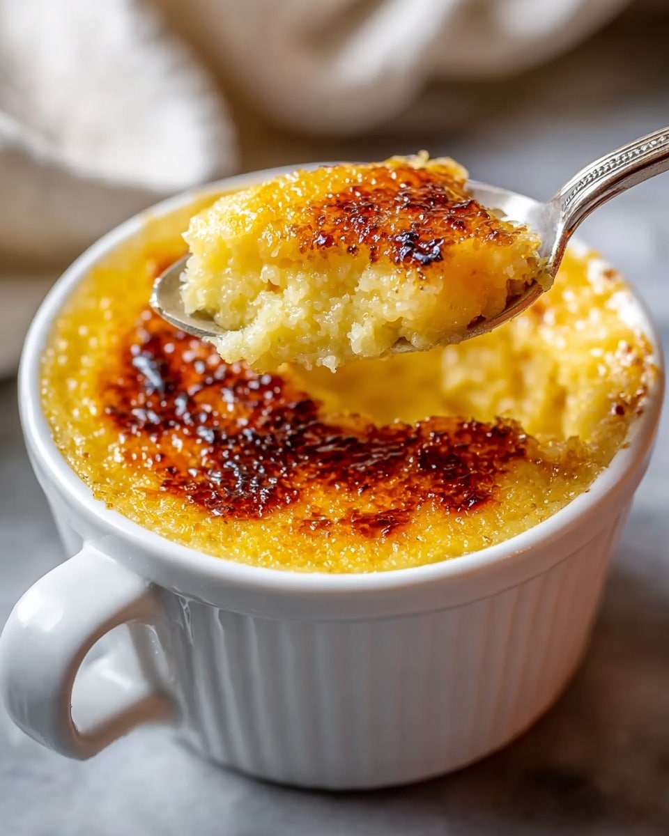 A close-up photo shows a white cup filled with a soft yellow dessert with a caramelized burnt sugar top layer that is brown and slightly crispy. A silver spoon lifts a scoop of the dessert, showing its moist, grainy texture under the glossy, golden-brown crust. The surface beneath is a white marbled texture with a white cloth nearby in soft focus. photo taken with an iphone --ar 4:5 --v 7