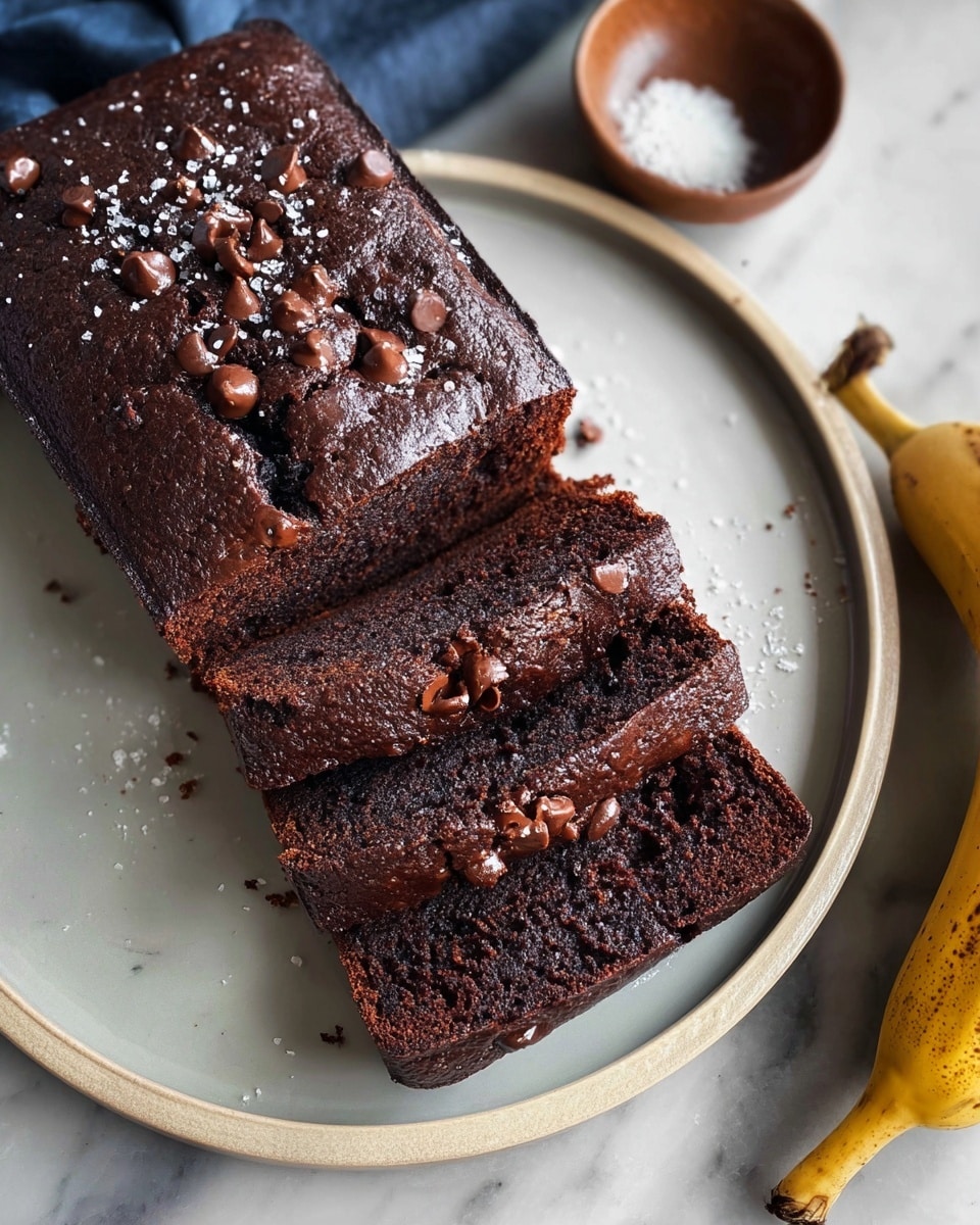 A rectangular dark brown chocolate loaf cake is placed on a large white plate with a smooth texture. The cake has a cracked top sprinkled with melted chocolate chips and coarse salt, adding a shiny and slightly rough texture. Three thick slices are cut from one end, showing a moist, dense interior filled with small chunks of chocolate. The plate sits on a white marbled surface with soft lighting that highlights the rich dark colors of the cake. A few ripe bananas with brown spots are visible near the plate, enhancing the natural setting. Photo taken with an iphone --ar 4:5 --v 7