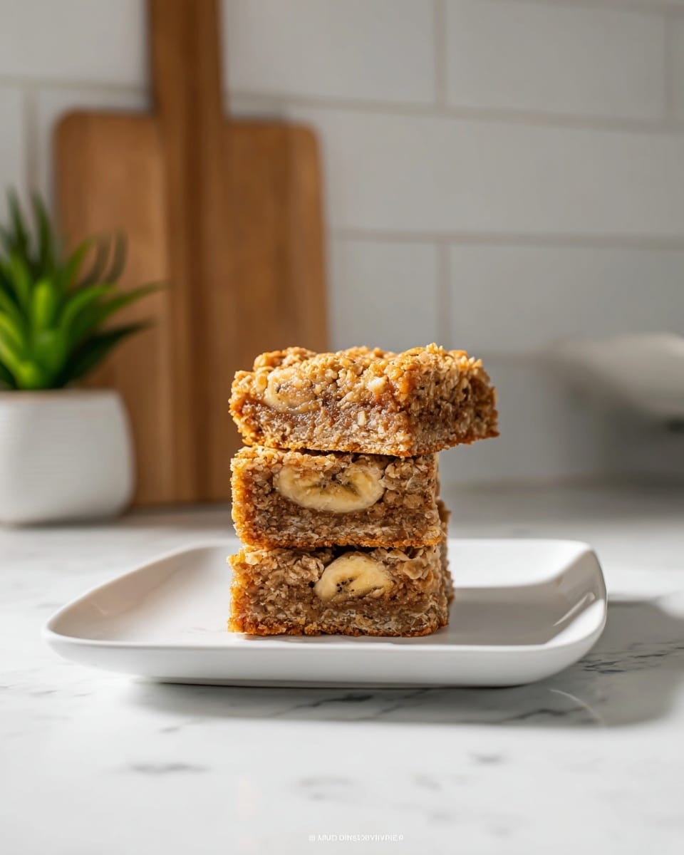A stack of three square oat bars with a crumbly golden brown top and visible banana slices inside, each bar showing a dense, moist texture with oats and cinnamon swirls throughout. The bars are placed in the center of a white square plate, which sits on a white marbled surface. In the background, there is a blurred wooden cutting board leaning against a white tiled wall and a small green plant in a white pot. The overall scene is brightly lit with natural light, bringing out the warm tones of the bars and clean, fresh setting. photo taken with an iphone --ar 4:5 --v 7