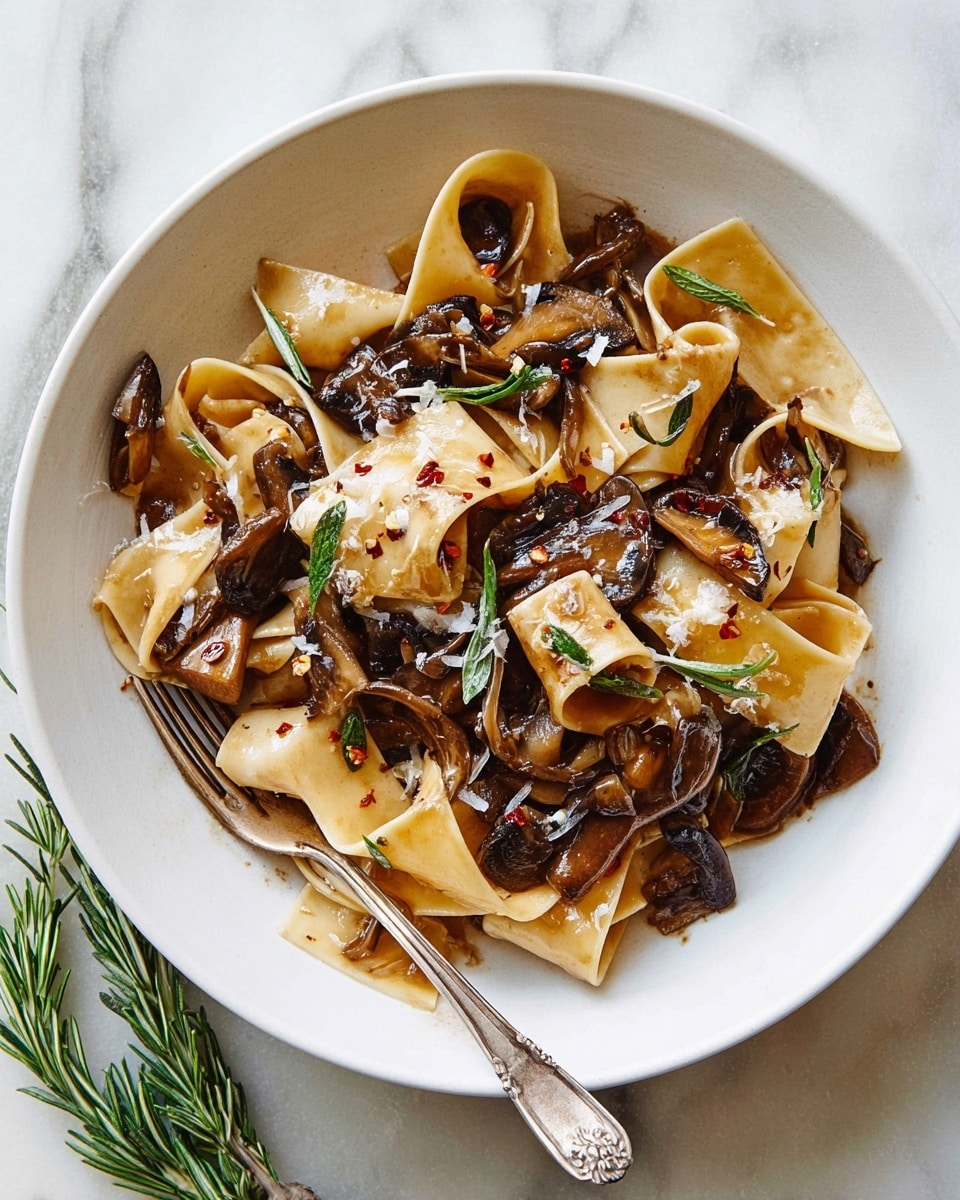 A white bowl holds a serving of wide, flat pasta ribbons that are loosely folded and mixed with dark brown mushrooms and finely chopped onions in a glossy, savory sauce. Thin, green rosemary sprigs are scattered throughout, adding color contrast, while small flakes of white cheese and red chili flakes are sprinkled on top for texture and visual interest. A vintage silver spoon and fork rest on the left side inside the bowl. The bowl is placed on a surface with a white marbled texture and a small sprig of rosemary is laid next to it. photo taken with an iphone --ar 4:5 --v 7