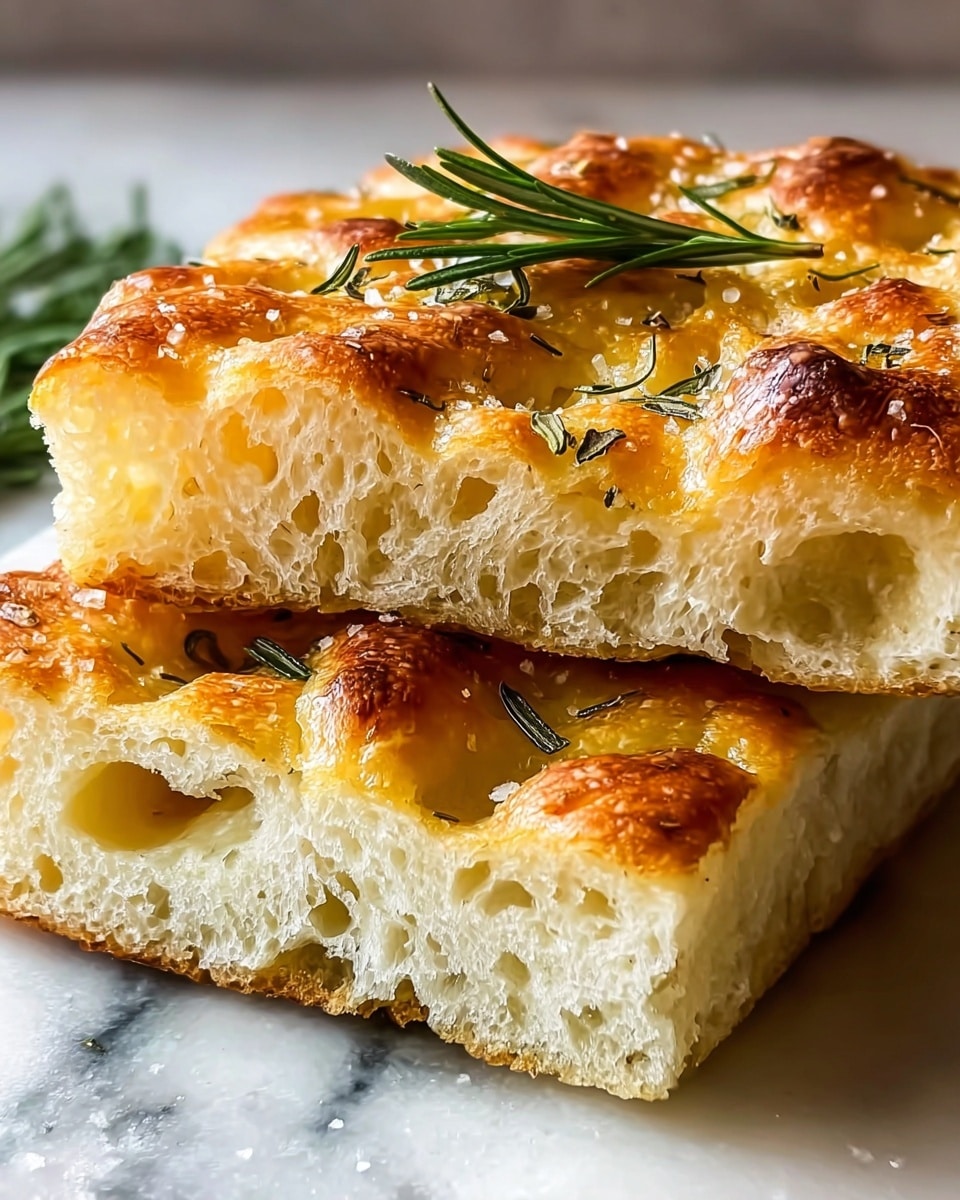Two thick slices of focaccia bread are stacked loosely on a white marbled surface. The top slice shows a golden-brown crust with small crispy bumps, sprinkled with green rosemary leaves and coarse salt. The inside of the bread beneath the crust is pale yellow, fluffy, and full of air pockets, giving it a soft, spongy look. A fresh rosemary sprig rests on top as garnish. The scene has a warm, close-up focus emphasizing the texture and color contrast of the bread photo taken with an iphone --ar 4:5 --v 7