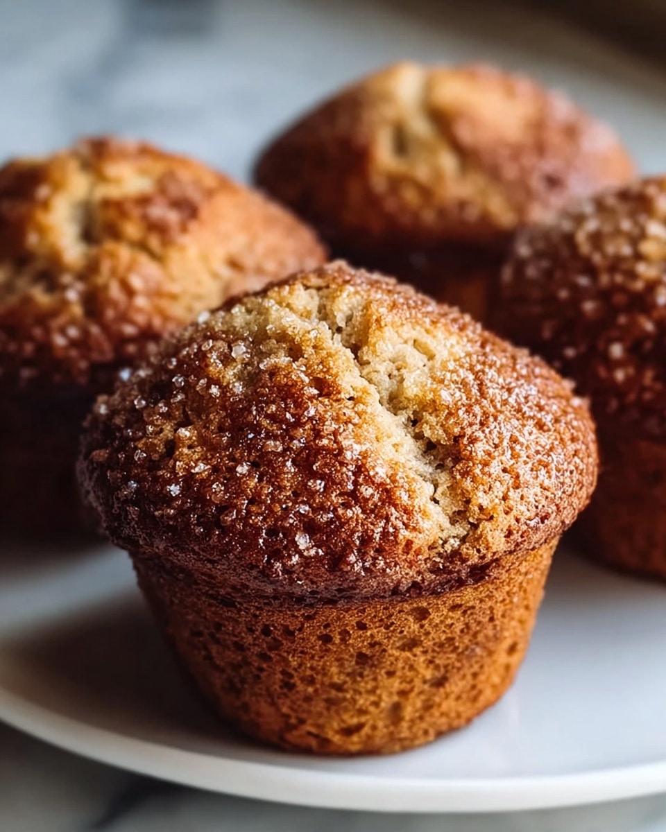 A close-up view of one golden brown muffin with a rough, cracked top sprinkled with coarse sugar, showing a textured surface with varying shades of light beige and darker baked brown. Behind it, there are three more muffins slightly out of focus, all with the same texture and color. The muffins sit on a white plate against a background with a white marbled texture. The lighting highlights the warm tones and crumbly texture of the muffins. photo taken with an iphone --ar 4:5 --v 7