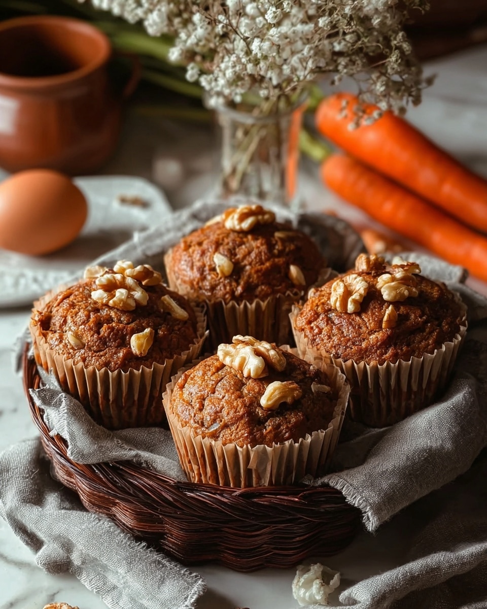 Four carrot muffins sit side by side in a dark brown woven basket, each topped with several light brown walnut pieces. The muffins have a golden brown, slightly rough surface with visible orange carrot bits inside. The basket rests on a light brown, textured cloth, and in the background, there are two fresh orange carrots with green tops, an egg in a small bowl, a beige jar, and a white vase filled with small white flowers, all set against a dark backdrop. photo taken with an iphone --ar 4:5 --v 7