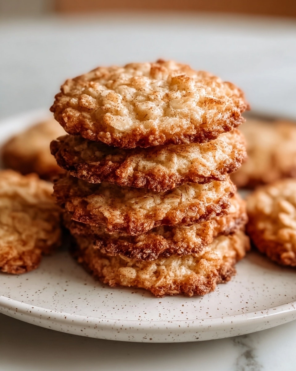 A stack of about five round oatmeal cookies sits in the center of a white plate with small speckles. Each cookie is golden brown with lighter areas where the oats are visible, and the edges are slightly darker and crispy. The cookies have a rough texture with visible rolled oats and a dusting of cinnamon or similar spice that gives a warm, reddish-brown tint over the surface. More cookies are spread out softly blurred in the background. The plate rests on a white marbled surface. photo taken with an iphone --ar 4:5 --v 7