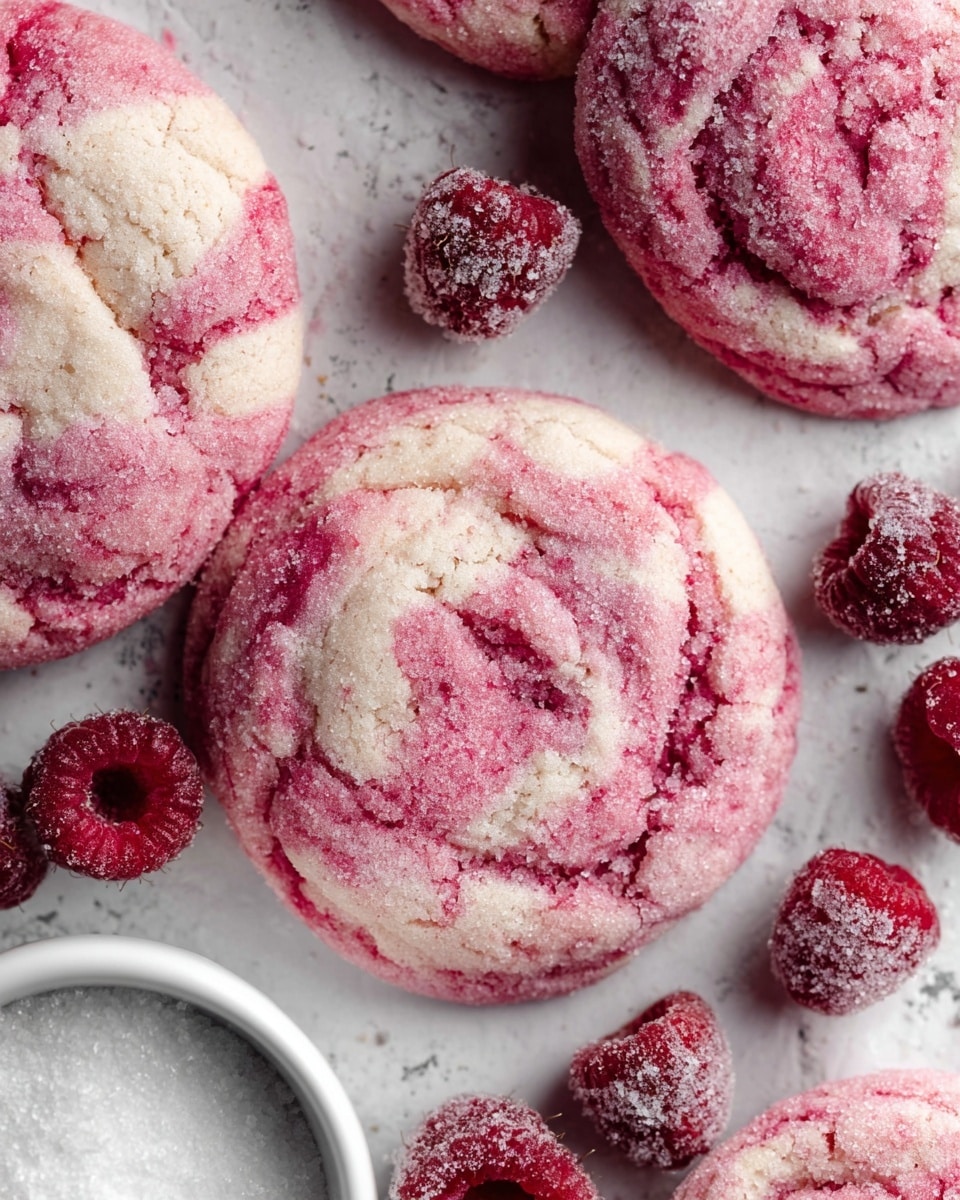 The image shows several soft, round raspberry cookies with a pink and red marbled texture on the top, giving a swirled and slightly crumbly look. The cookies have a powdery sugar coating that adds a bit of sparkle to their surface. Around the cookies, there are whole frozen raspberries, dusted with frost, scattered casually. A white cup filled with granulated sugar is partially visible at the bottom left corner. All items rest on a white marbled textured surface, creating a clean and bright background that contrasts with the rosy colors of the cookies and raspberries. Photo taken with an iphone --ar 4:5 --v 7