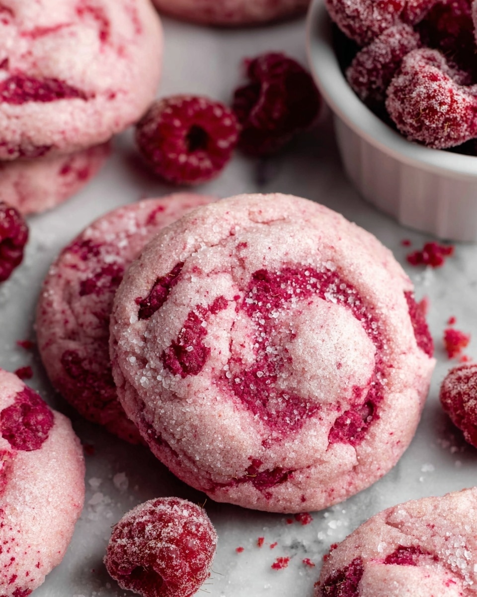 A close-up of four round pink cookies with darker red swirls and small textured bumps showing bits of raspberry inside, placed on a white marbled surface. Around the cookies, there are a few whole frozen raspberries with frosty white crystals and some loose red crumbs scattered lightly. Part of a white bowl filled with more frozen raspberries is visible in the top right corner. The cookie surface looks soft and slightly crumbly with a sugary coating giving a frosted look. Photo taken with an iphone --ar 4:5 --v 7