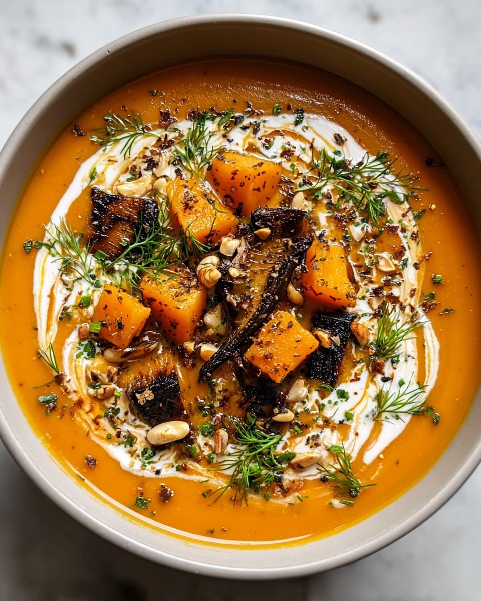A white bowl filled with smooth, thick orange soup as the base layer, with swirls of white cream mixed into it. On top, there are small cubes of bright orange roasted pumpkin and bits of charred dark brown mushrooms arranged in the center. Fresh green dill sprigs and scattered chopped nuts add texture and color contrast on the surface. Fine black seasoning and tiny herbs are sprinkled over everything, giving a rich and textured look. The bowl is set against a white marbled surface. photo taken with an iphone --ar 4:5 --v 7