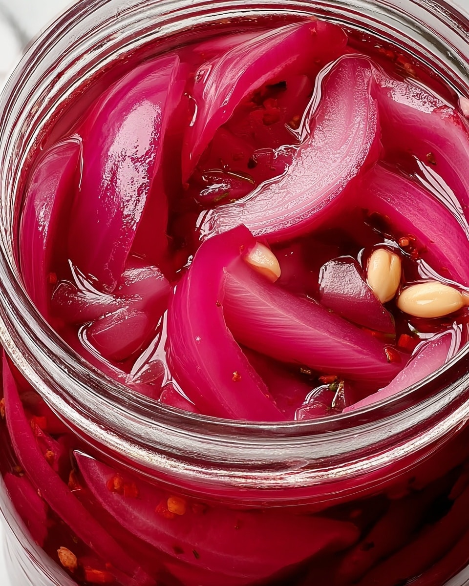 A close-up view of a jar filled with bright pink and deep red pickled onions cut into long, curved slices and small chunks, soaked in a glossy, translucent liquid with hints of spices and one visible light brown seed near the edge, all tightly packed inside a clear glass jar showing the shiny texture of the onions and liquid inside, set against a white marbled texture. photo taken with an iphone --ar 4:5 --v 7
