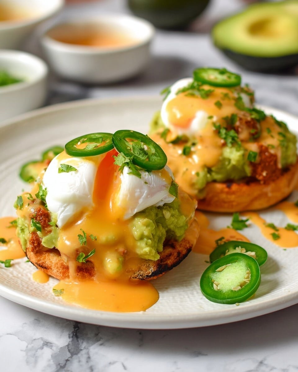 The dish shows two servings of eggs Benedict on a white plate, each with four visible layers. The bottom layer is a grilled round base with light brown sear marks. On top of this is a chunky green layer of mashed avocado mixed with small pieces of darker brown meat. Above that is a soft poached egg with a smooth white texture, one of which has a runny yolk spilling over. The entire dish is covered with an orange creamy sauce, sprinkled with chopped green herbs and three slices of fresh green jalapeño on each egg. The background surface is a white marbled texture with a blurred glimpse of bowls and an avocado. photo taken with an iphone --ar 4:5 --v 7