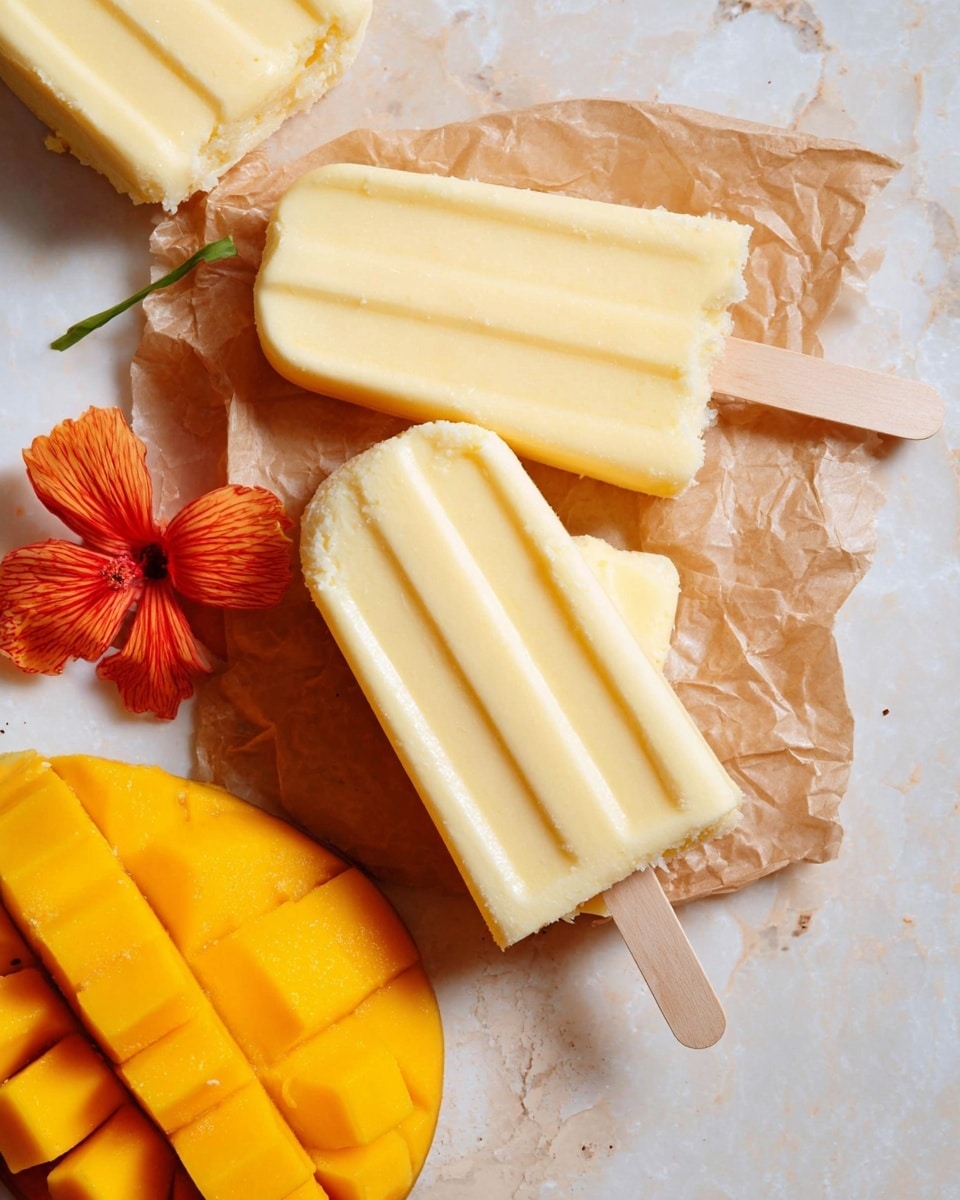 The image shows three creamy, pale yellow popsicles with a smooth texture lying on a piece of brown parchment paper on a white marbled surface. One popsicle is placed slightly over the other two, with a wooden stick visible under it. Next to the popsicles is a half mango cut into grid-like cubes, showing bright orange flesh. A small orange and red flower is placed nearby, adding a touch of color. The scene has a fresh and summery feel. photo taken with an iphone --ar 4:5 --v 7