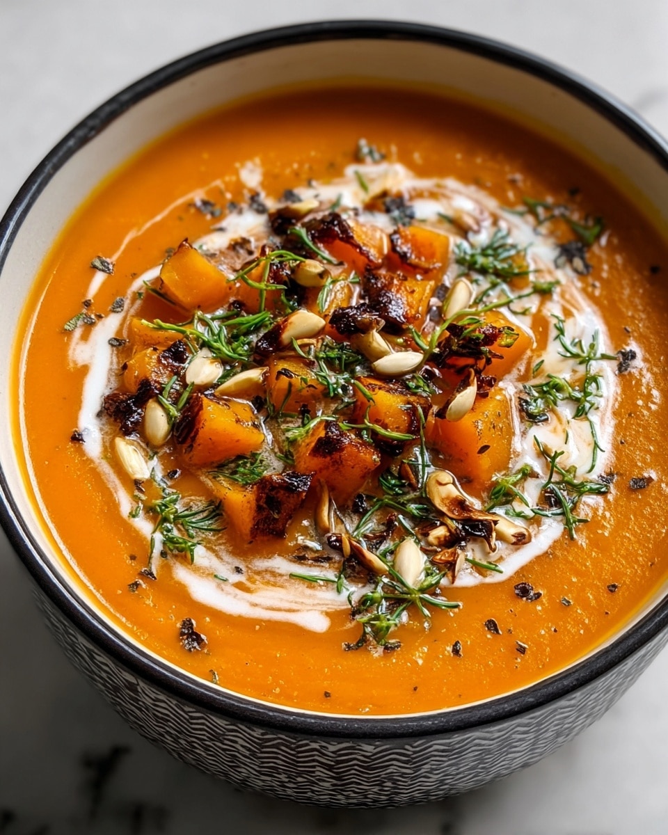 The image shows a bowl of thick orange soup with a smooth texture as the bottom layer, topped with a swirl of white cream around the edges. On top, there is a layer of bright orange cubed vegetables and some small pieces of dark caramelized or roasted vegetables. Scattered over the top are small white nuts and fresh green herb sprigs, adding contrast and detail. The bowl is white with a patterned dark rim, and it sits on a white marbled surface. photo taken with an iphone --ar 4:5 --v 7