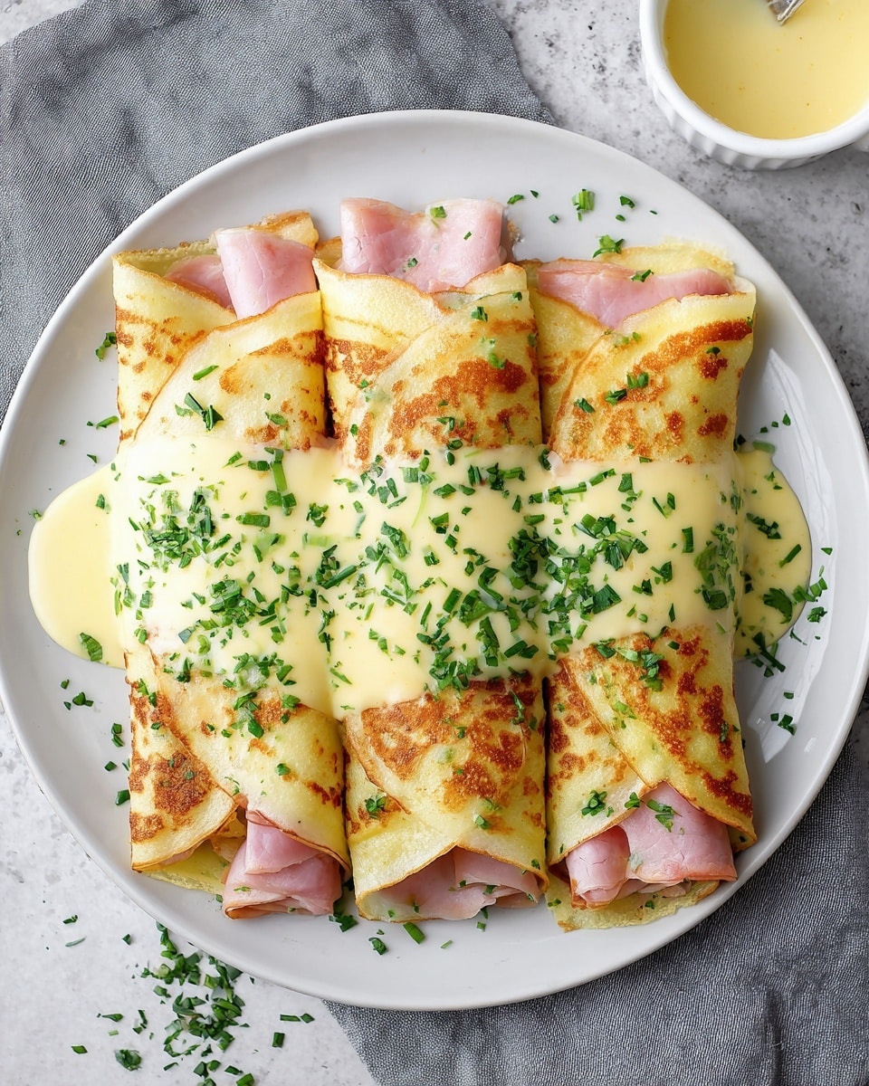 Three folded crepes are placed side by side on a white plate, each crepe wrapped around layers of light pink ham visible at both ends. The crepes are golden brown with a slightly crispy texture and evenly browned spots. Covering the middle of the crepes is a thick, creamy light yellow sauce, sprinkled generously with finely chopped fresh green herbs. Some herbs are also scattered on the plate around the crepes. The plate rests on a gray cloth on top of a white marbled surface. A small white bowl with extra sauce is partially visible in the upper right corner. Photo taken with an iphone --ar 4:5 --v 7