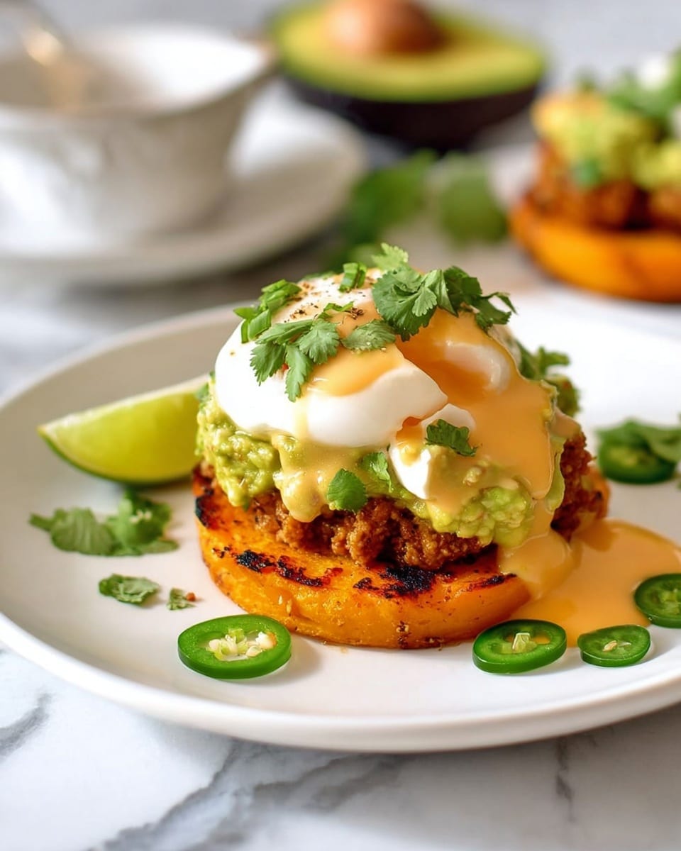 A white plate holds two stacks of food, each with four main layers. The bottom layer is a thick, round, orange grilled slice with a slightly charred texture. Above this is a chunky, bright green layer of guacamole, full of small lumps. On top of the guacamole sits a brown, crumbly meat layer. The next layer is a smooth, orange sauce that flows over the sides, topped with a soft, white poached egg. The eggs are garnished with small green cilantro leaves and sliced green jalapeño rounds. A wedge of lime rests at the edge of the plate, and in the background, blurred white bowls and half an avocado are seen on a white marbled surface. photo taken with an iphone --ar 4:5 --v 7